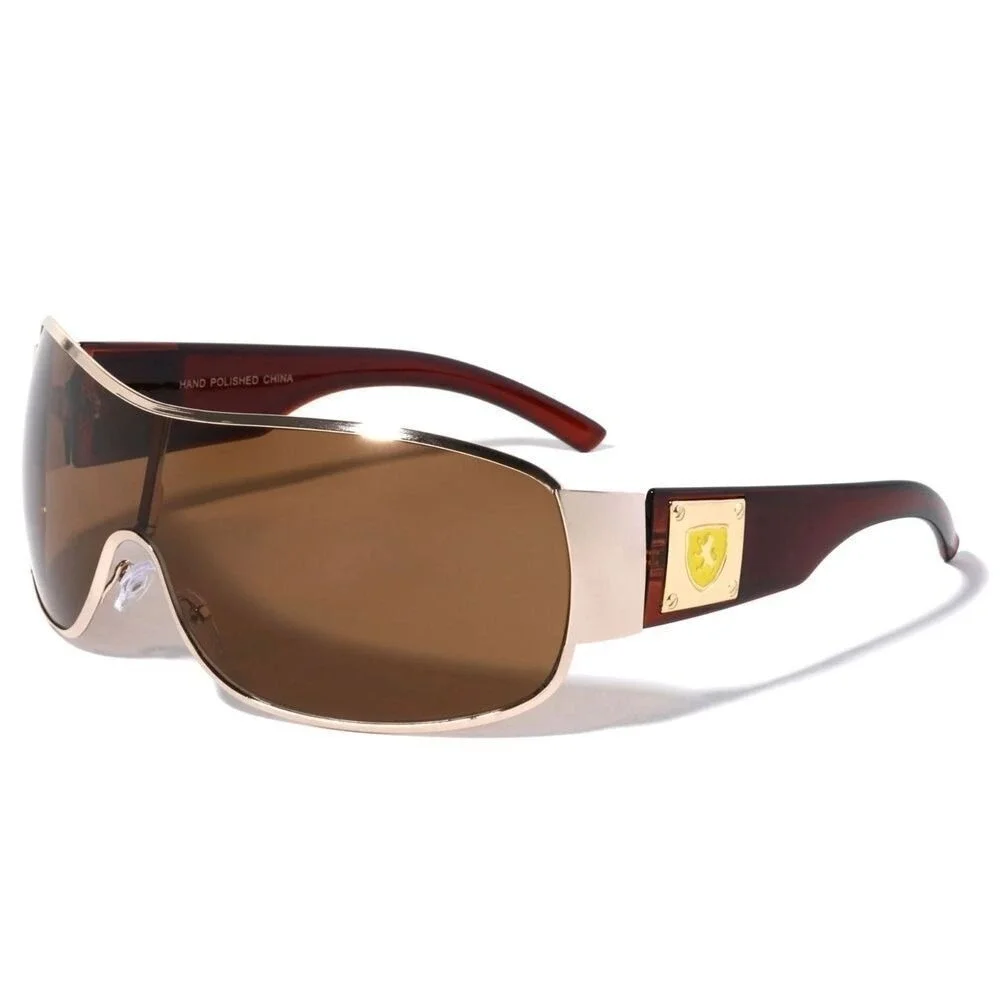 Block Curved One Piece Shield Sunglasses‎ Men's Flat Top Gold Frame Brown Lens